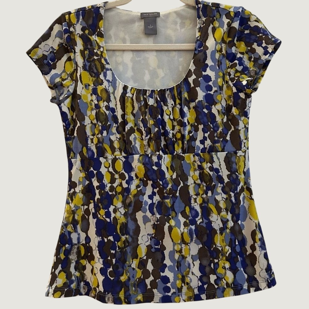 Ann Taylor Abstract Dot Print Scoop Neck Pleated Top Blue Yellow Small